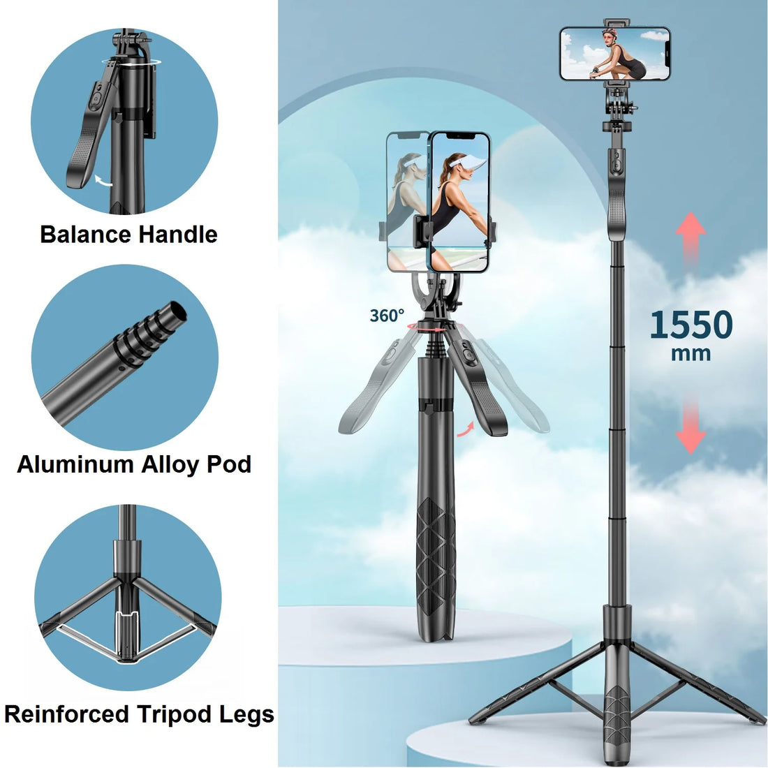 Selfie Stick Phone Tripod with Remote, 60" Extendable Tripod Stand for iPhone Android Camera 360° Rotation Overhead Tripod Stand