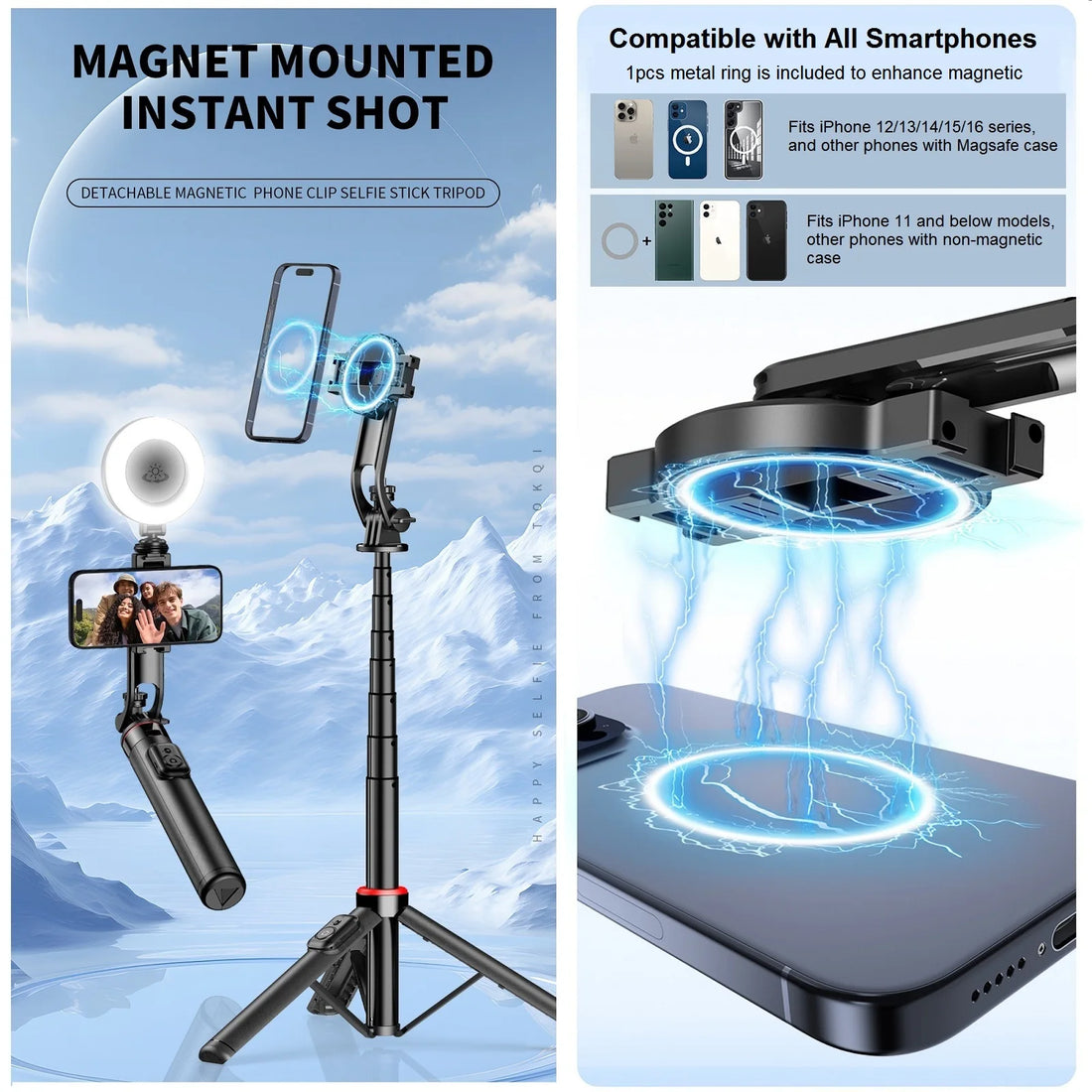 Magnetic Selfie Stick Tripod for iPhone, 51" Phone Tripod Stand Compatible with Magsafe Travel Tripod for iPhone Android Phones