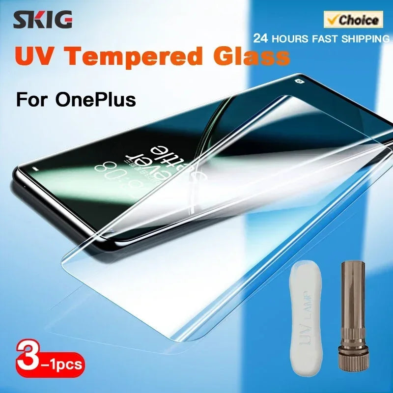 SKIG UV Tempered Glass For OnePlus 13 12 11 R 10 9 8 7 7T Ace2 Pro Full Cover Glue Curing For OnePlus13 Screen Protector