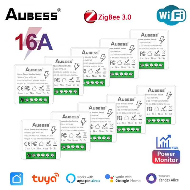 Tuya Smart Zigbee/WiFi Switch With Energy Monitor 16A 2-way Control Mini Breaker Smart Life Control For Alexa Google Home