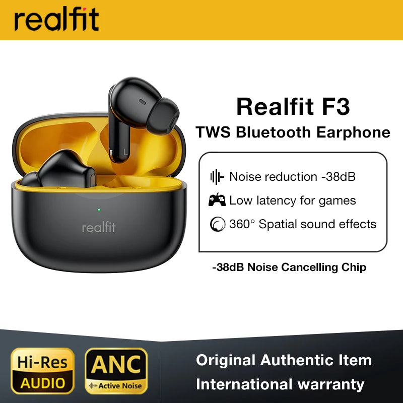 Realfit F3 ANC Active Noice Cancellation Bluetooth Earphones ENC Call HIFI Stereo Superb Bass Wireless Earbuds Sport Gaming