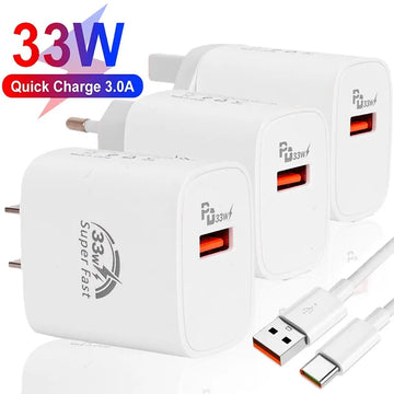 33W Fast Charger USB Quick Charging Adapter 7A Type C Cable Mobile Phone Wall Chargers For Samsung Xiaomi OPPO EU/US/UK Plug