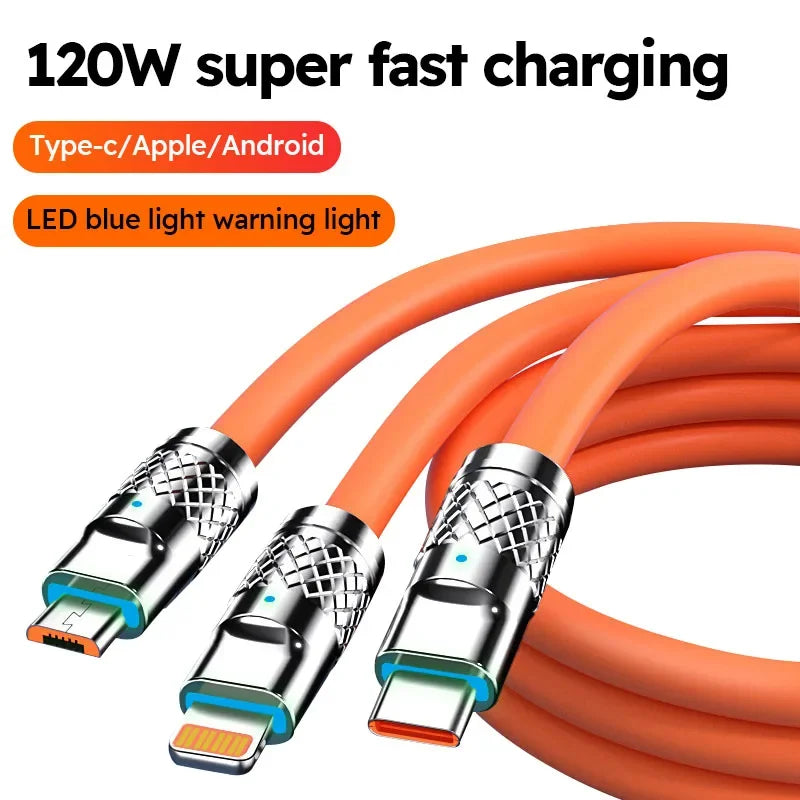 3 in 1 USB Cable 6A 120W  USB Cable  Fast Charging Data Cord For Iphone Samsung Huawei Xiaomi Multi Port Multiple Charging Wire