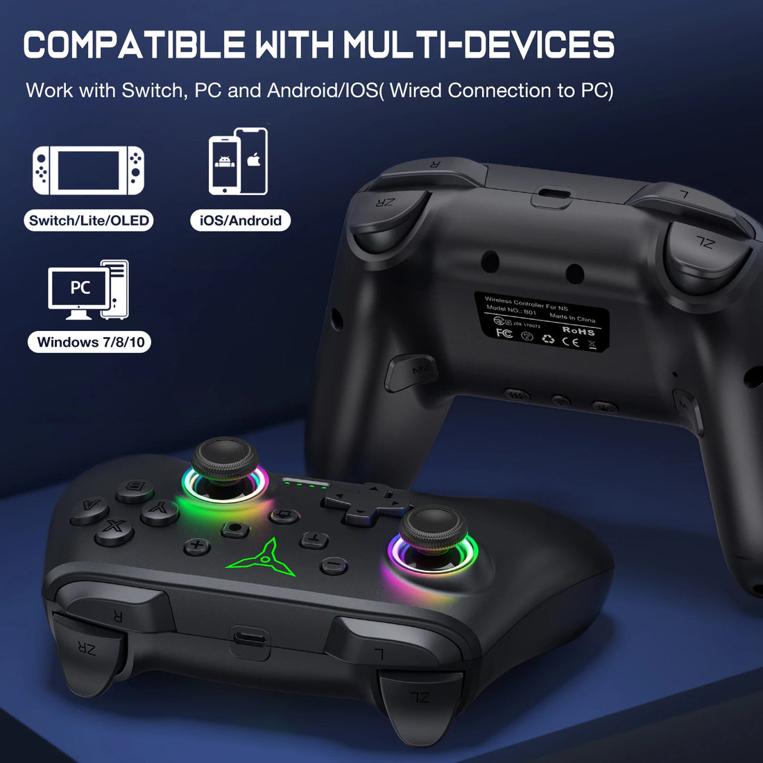 Dinofire Wireless Bluetooth RGB Controller for Nintendo Switch OLED/Switch Lite/Mobile Controllers wired PC Gamepad Controller