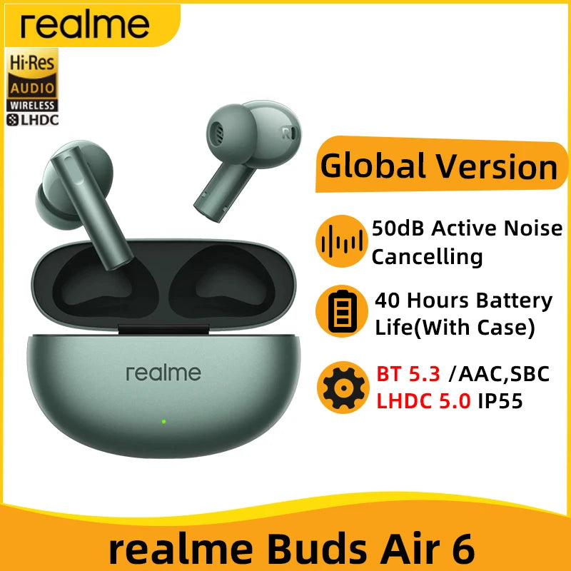 Global Version realme buds Air 6 True Wireless Earphone 50dB Active Noise Cancelling TWS Earphone IP55 40 Hour Battery Life