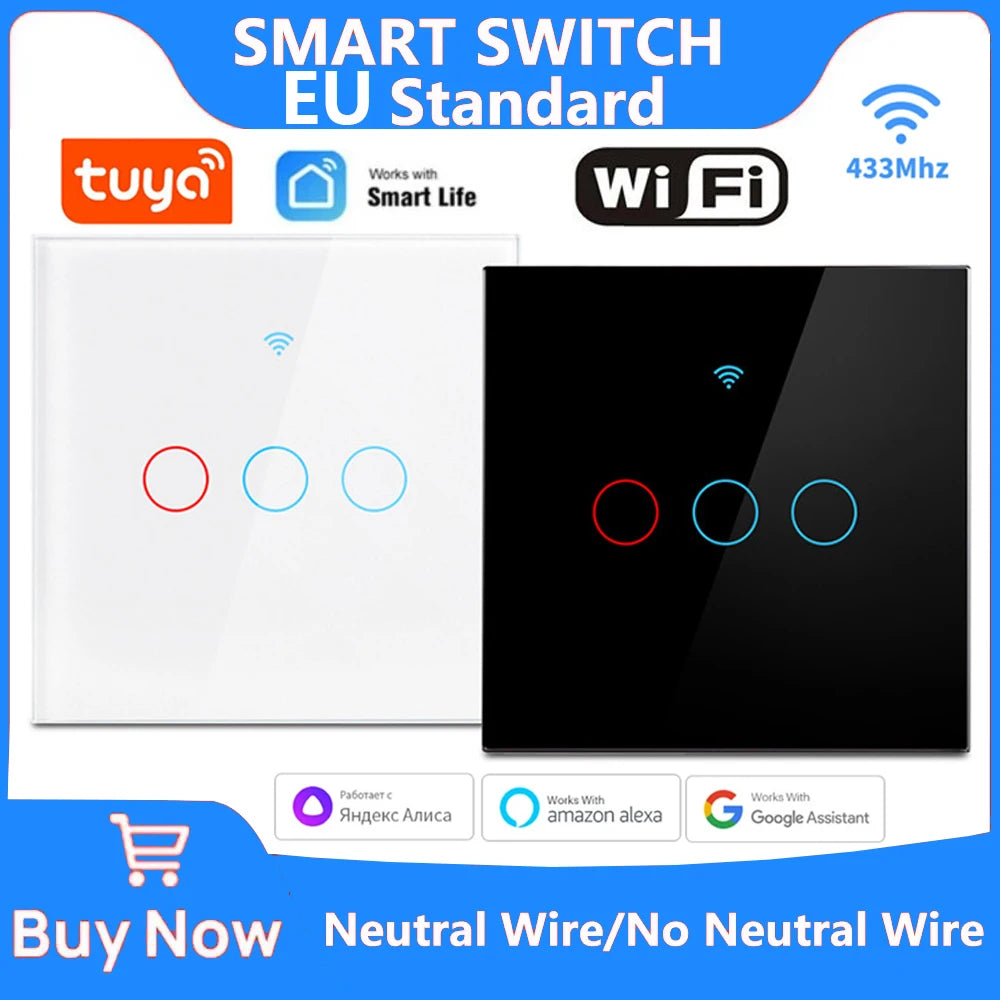 Tuya Wifi Smart Touch Light EU Switch Wireless Remote LED Light Switches No Neutral Wire Required Work with Alexa Google Home