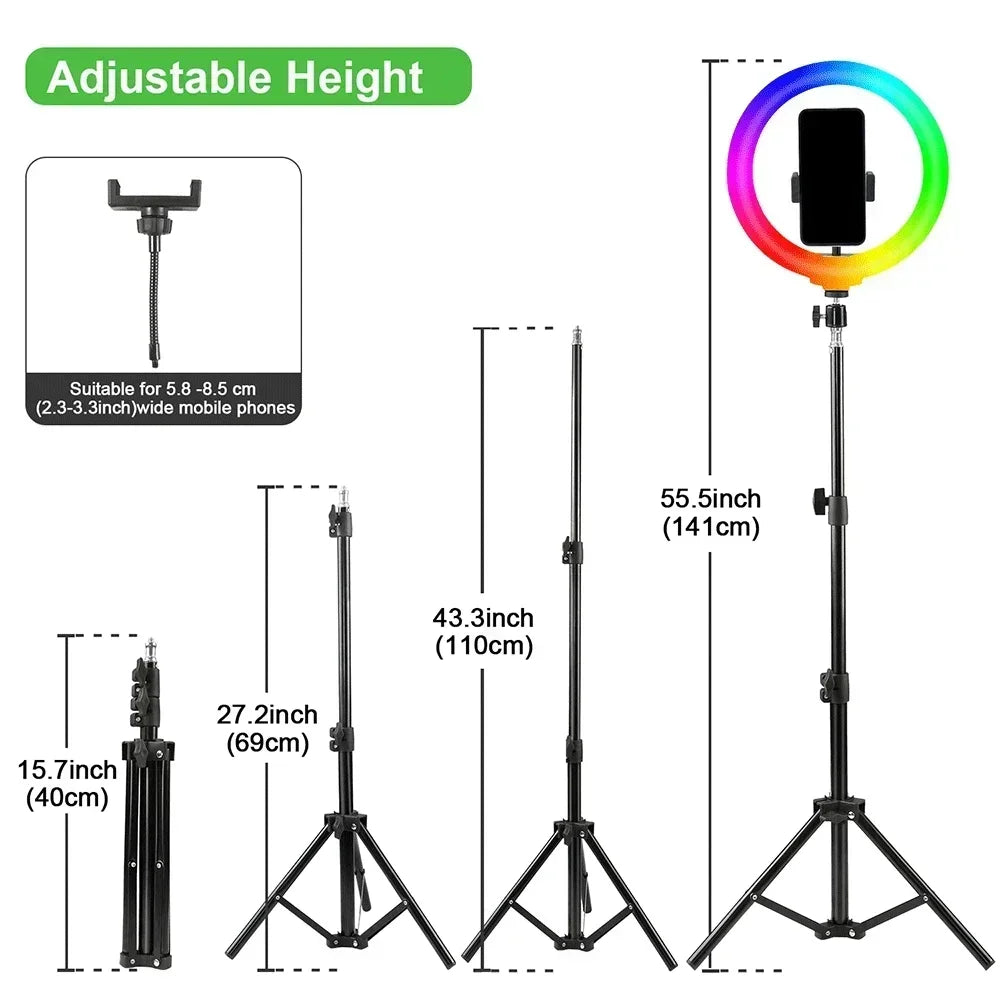 ZOMEI 110cm Tripod 10"LED Selfie Ring Light RGB Photography Video Light Phone Stand Fill Light Dimmable Lamp Trepied Streaming