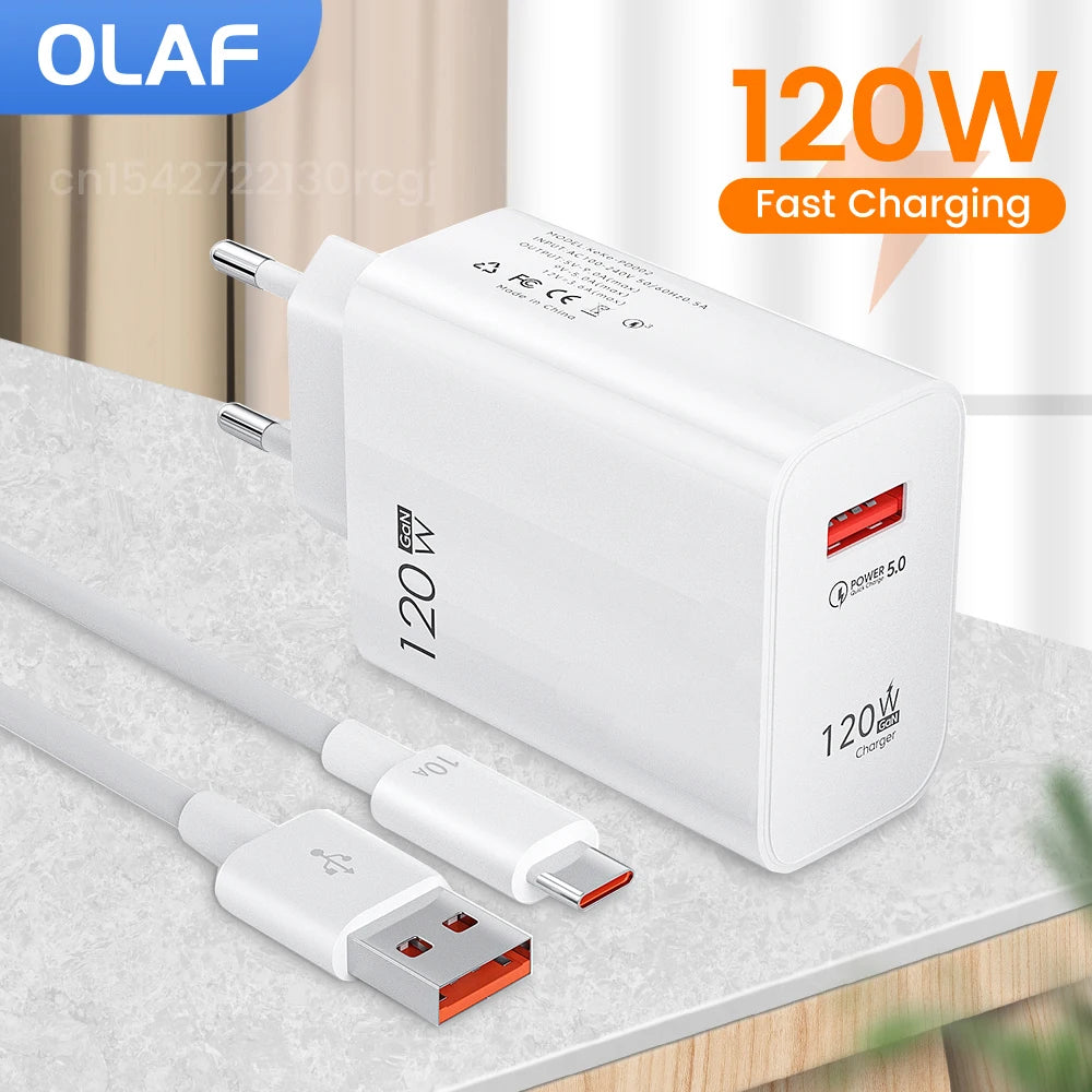 Olaf 120W USB Charger Fast Charging QC3.0 USB C Cable Type C Cable Mobile Phone Chargers For Huawei Samsung Xiaomi Quick Charge