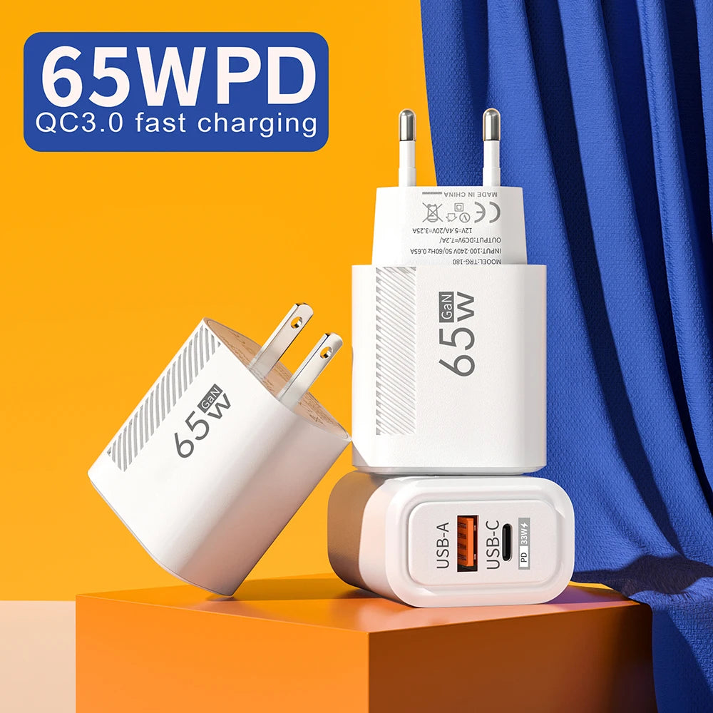 65W GaN Fast Charging USB Type C Charger US/EU Plug PD 3.0 Quick Charge Wall Charger For Phone Adapter For iPhone Huawei Samsung