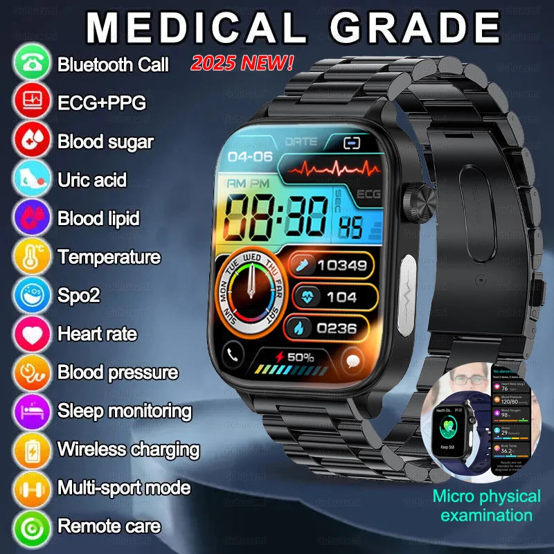 2025 New ECG+PPG Uric Acid Non-Invasive Blood Glucose Smartwatch Men Bluetooth Call Heart Rate Blood Pressure Smart Watch Women