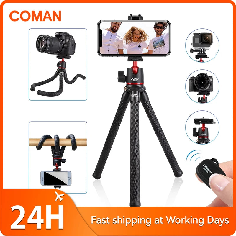 COMAN MT-35 Flexible Camera Tripod Hidden Phone Tripod Mount With Cold Shoe Smartphone DSLR Tripod For iPhone 15 Pro Max Samsung