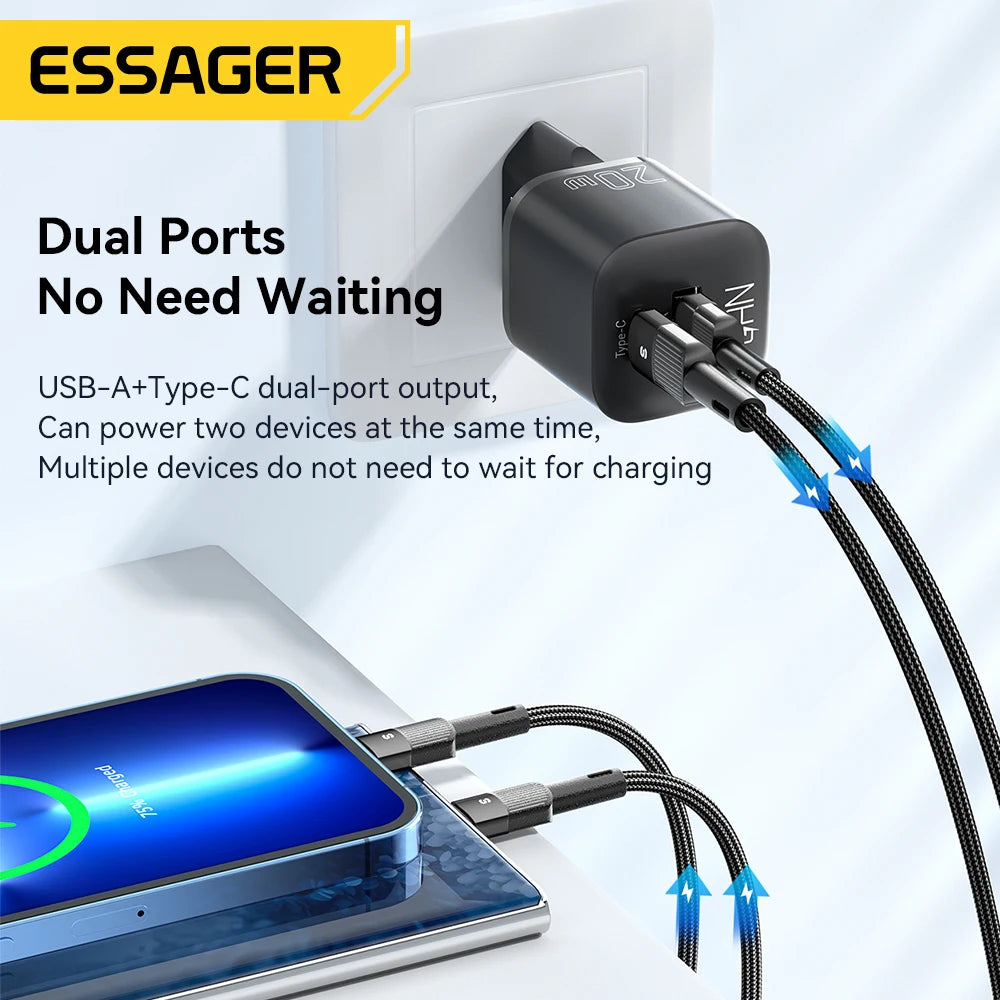 Essager 20W GaN USB Type C Charger PD Fast Charge Phone QC 3.0 Quick Chargers For iPhone 15 14 13 12 Pro Max Mini iPad Charging